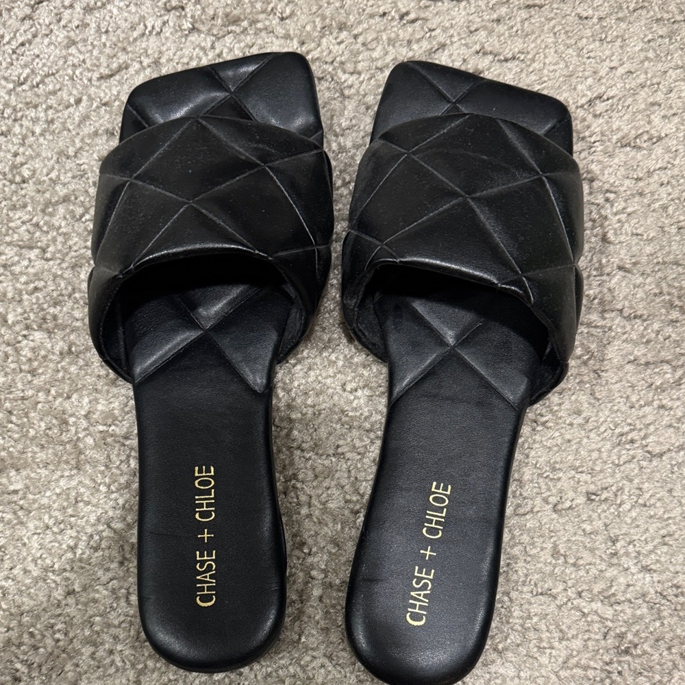 Chase + Chloe Quilted Black Slide Sandals
